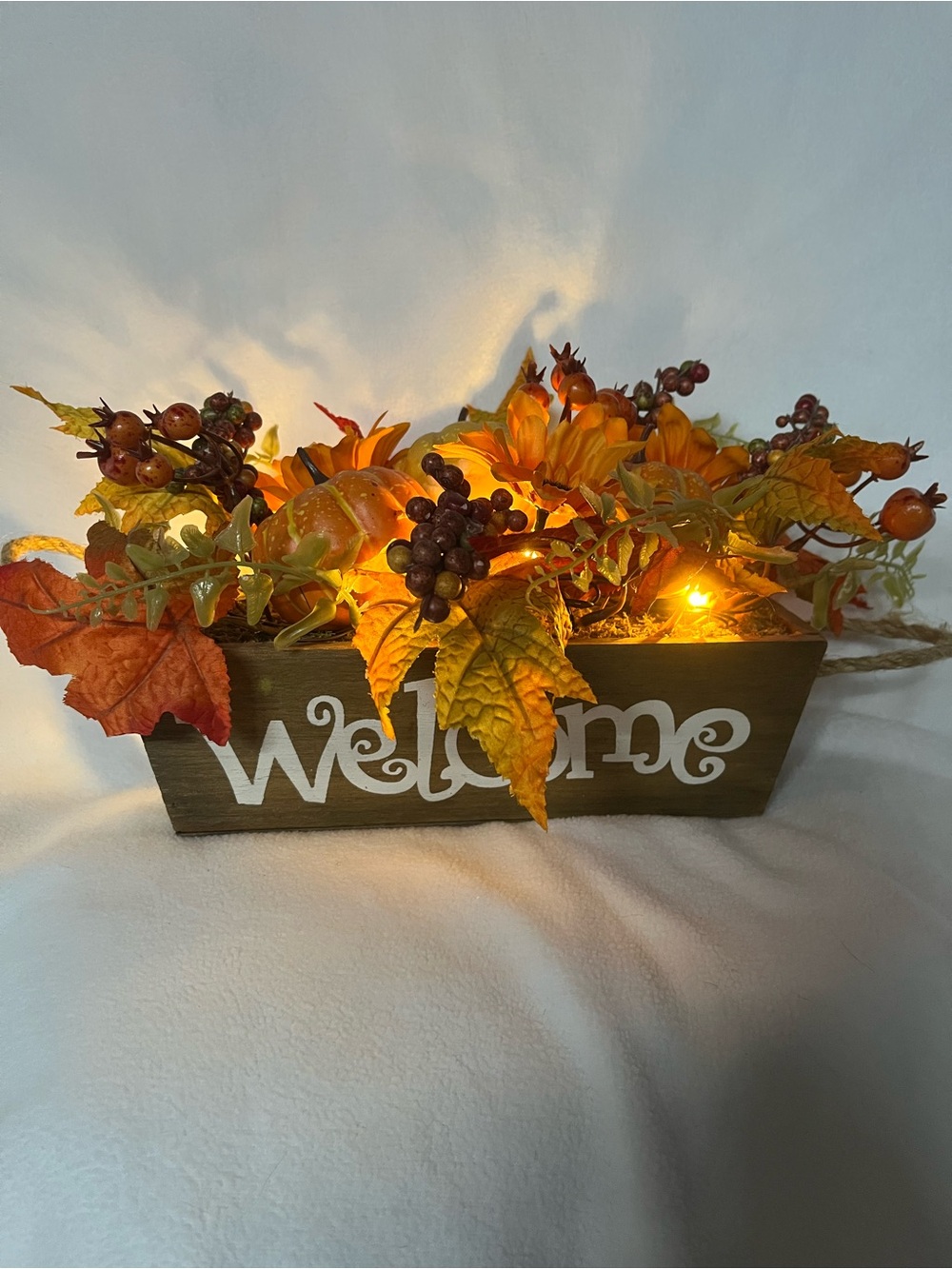 Welcome Centerpiece Box with Orange Fall Foliage and Lights